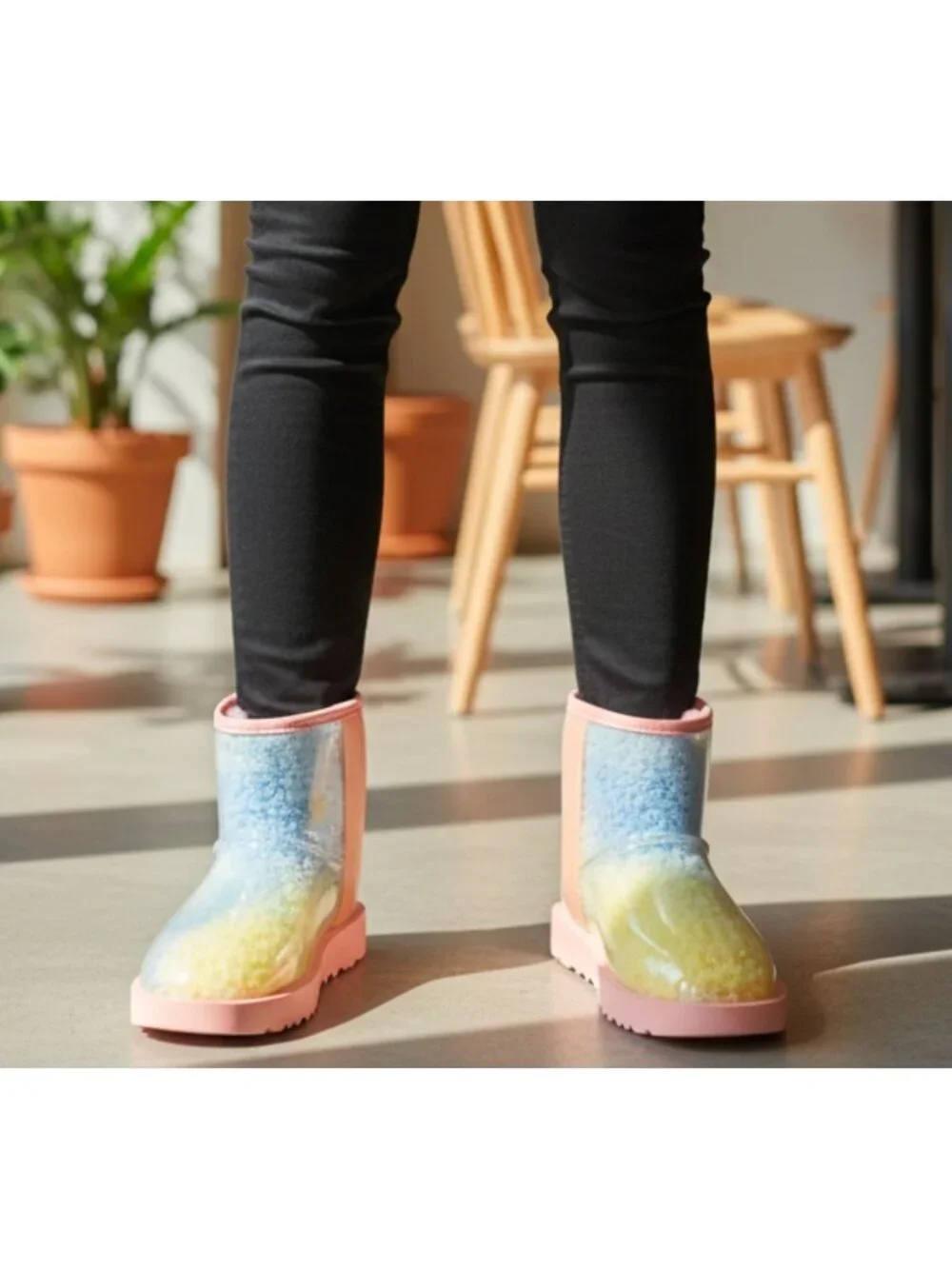 Rainbow Gradient Womens Ankle Boots With Transparent Glossy Outer Layer & Pink S